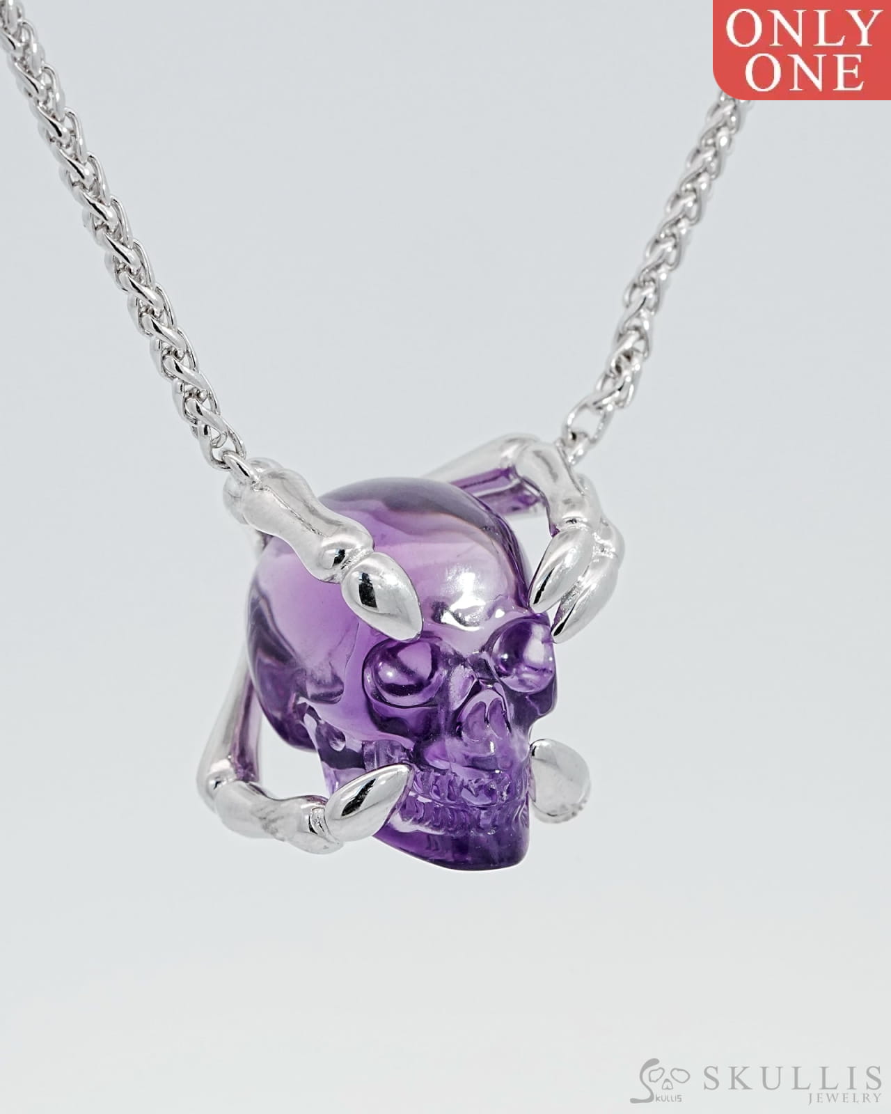 Gem Skull Pendant Necklace Of Amethyst Carved Skull With Sterling Silver Finger