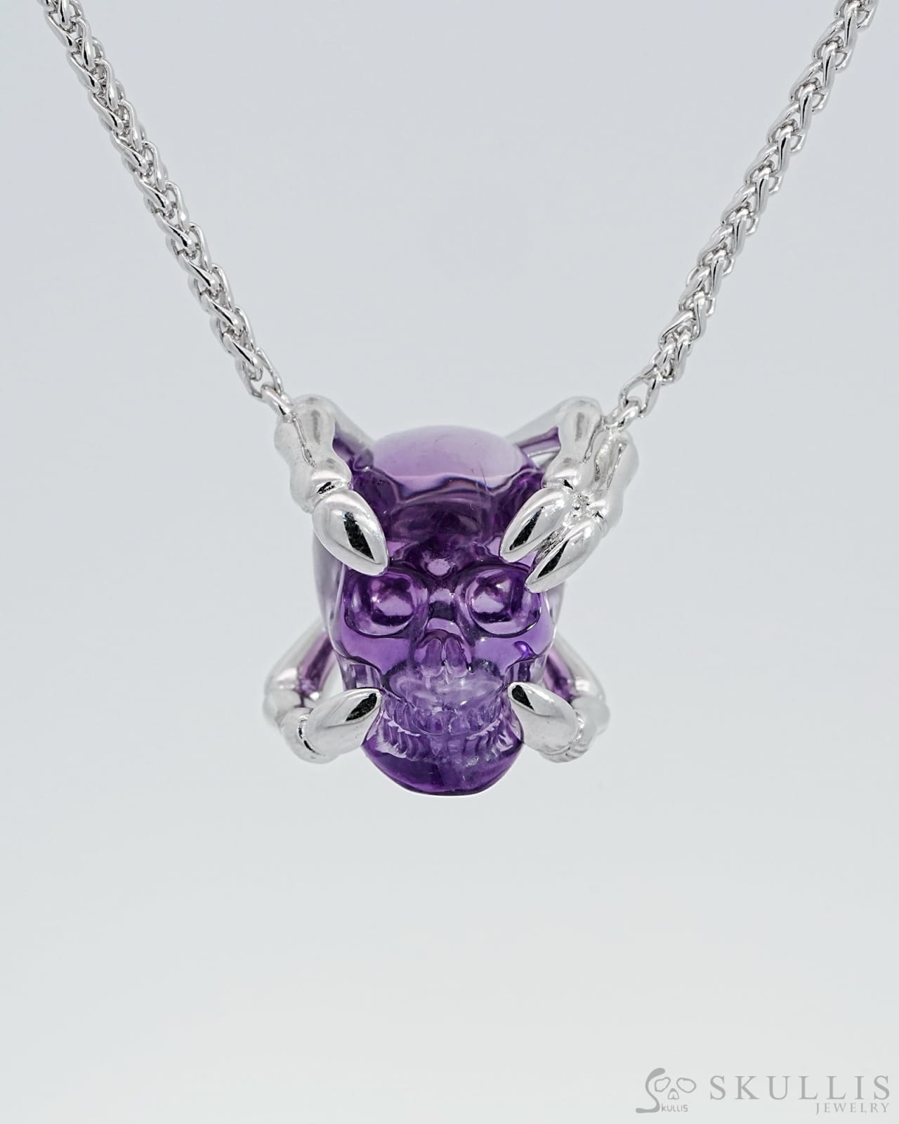 Gem Skull Pendant Necklace Of Amethyst Carved Skull With Sterling Silver Finger