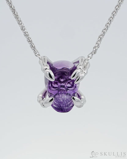 Gem Skull Pendant Necklace Of Amethyst Carved Skull With Sterling Silver Finger