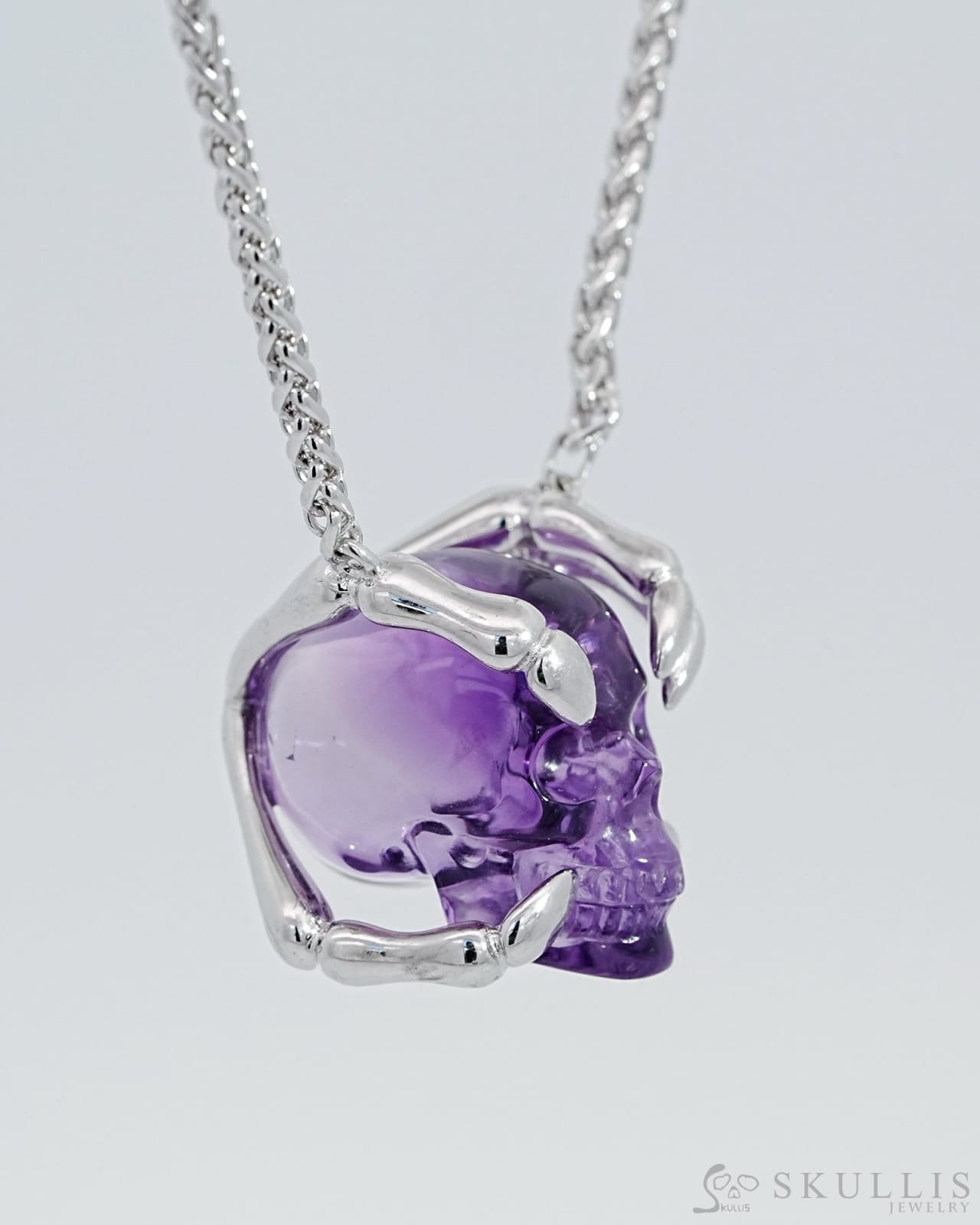 Gem Skull Pendant Necklace Of Amethyst Carved Skull With Sterling Silver Finger