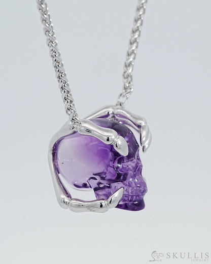 Gem Skull Pendant Necklace Of Amethyst Carved Skull With Sterling Silver Finger