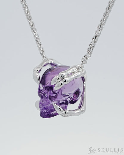 Gem Skull Pendant Necklace Of Amethyst Carved Skull With Sterling Silver Finger