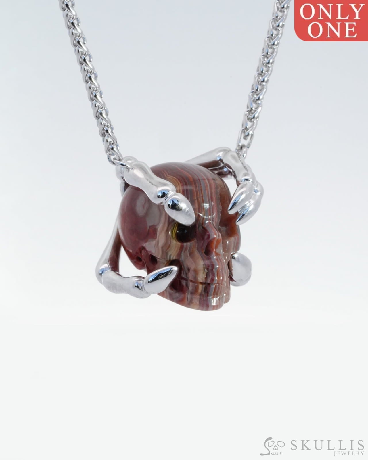 Gem Skull Pendant Necklace Of Red Crazy Lace Agate Carved Skull With Sterling Silver Finger