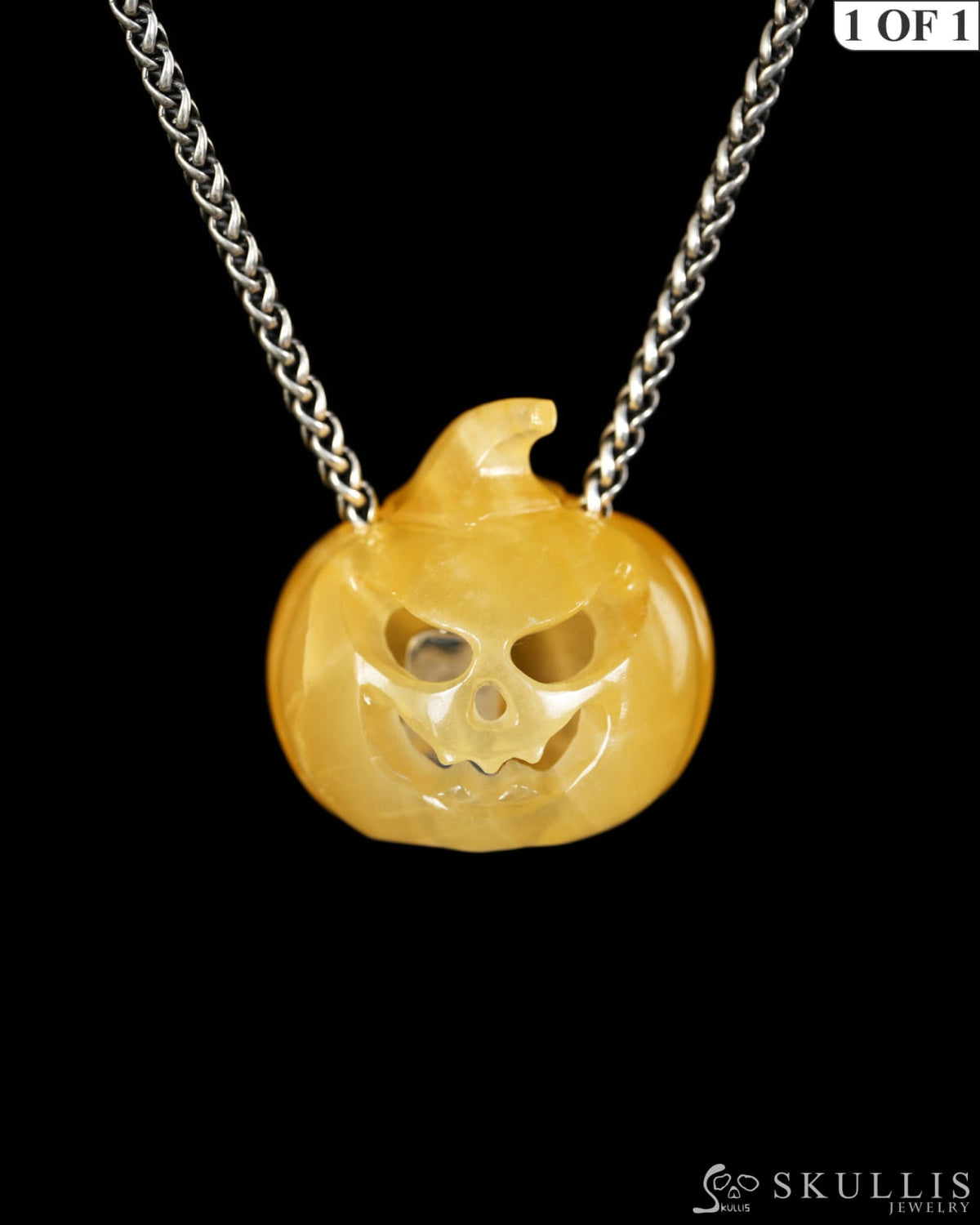 Hollow Essence - Gem Pendant Necklace of Beeswax Jade Hand Carved Hollow Pumpkin - 9900614 - Skull Pendants
