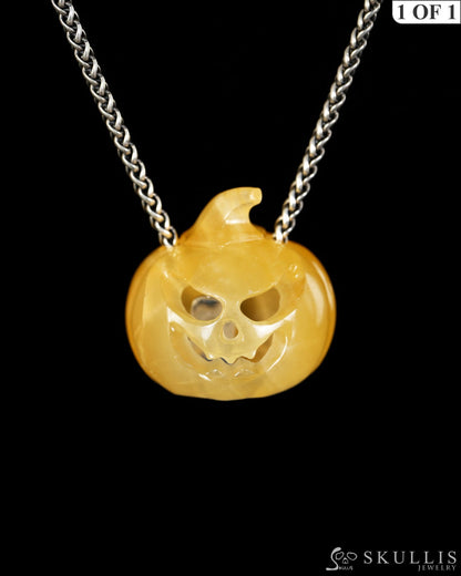 Hollow Essence - Gem Pendant Necklace of Beeswax Jade Hand Carved Hollow Pumpkin - 9900614 - Skull Pendants