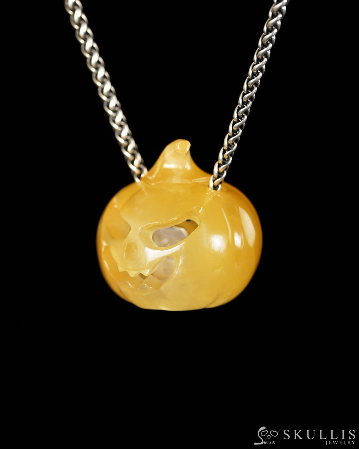 Hollow Essence - Gem Pendant Necklace of Beeswax Jade Hand Carved Hollow Pumpkin - 9900614 - Skull Pendants