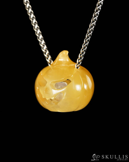 Hollow Essence - Gem Pendant Necklace of Beeswax Jade Hand Carved Hollow Pumpkin - 9900614 - Skull Pendants