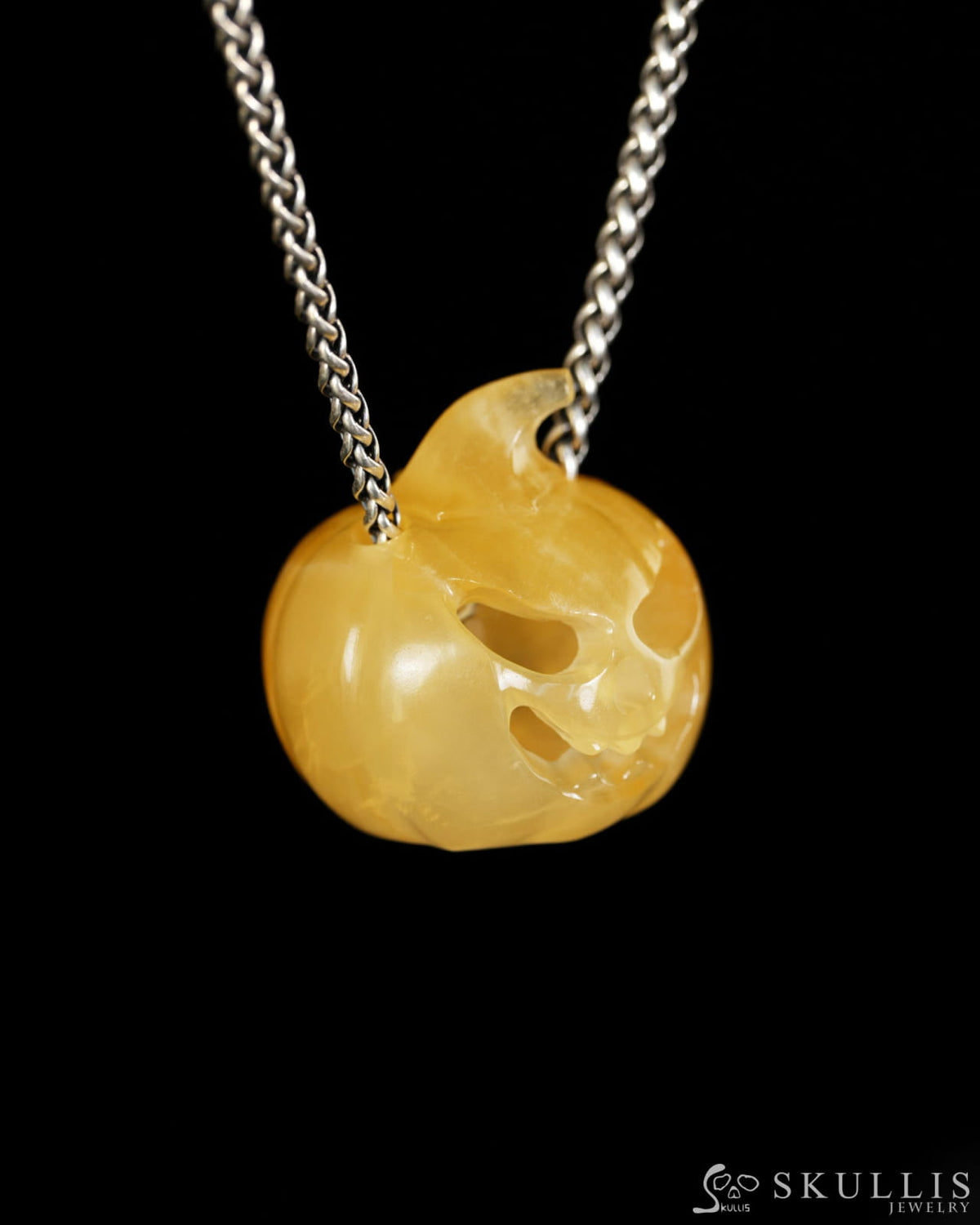 Hollow Essence - Gem Pendant Necklace of Beeswax Jade Hand Carved Hollow Pumpkin - 9900614 - Skull Pendants