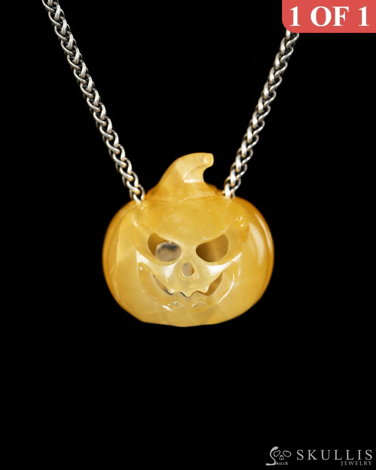 Hollow Essence - Gem Pendant Necklace of Beeswax Jade Hand Carved Hollow Pumpkin - 9900614 - Skull Pendants