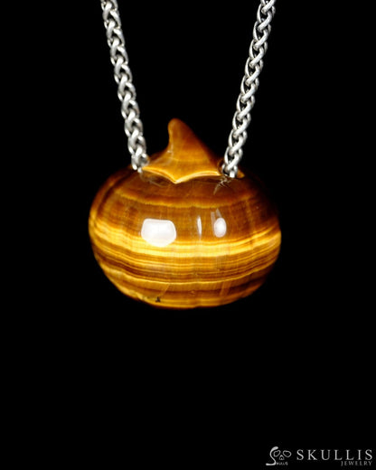 Hollow Essence - Gem Pendant Necklace of Gold Tiger’s Eye Hand Carved Hollow Pumpkin - 9500465 - Skull Pendants