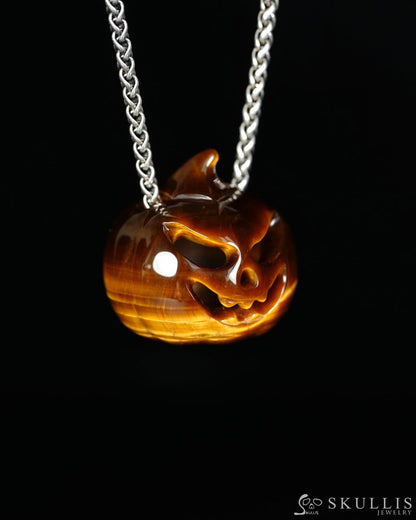 Hollow Essence - Gem Pendant Necklace of Gold Tiger’s Eye Hand Carved Hollow Pumpkin - 9500465 - Skull Pendants