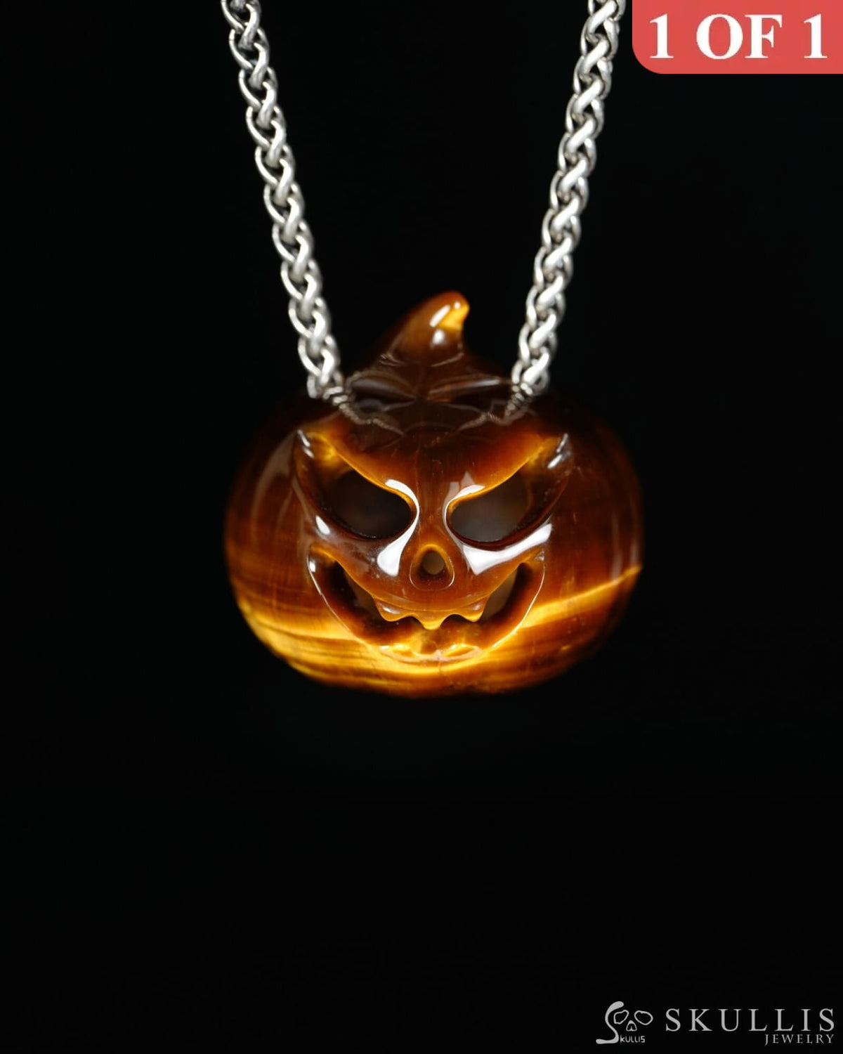 Hollow Essence - Gem Pendant Necklace of Gold Tiger’s Eye Hand Carved Hollow Pumpkin - 9500465 - Skull Pendants