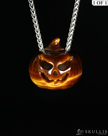 Hollow Essence - Gem Pendant Necklace of Gold Tiger’s Eye Hand Carved Hollow Pumpkin - 9500465 - Skull Pendants