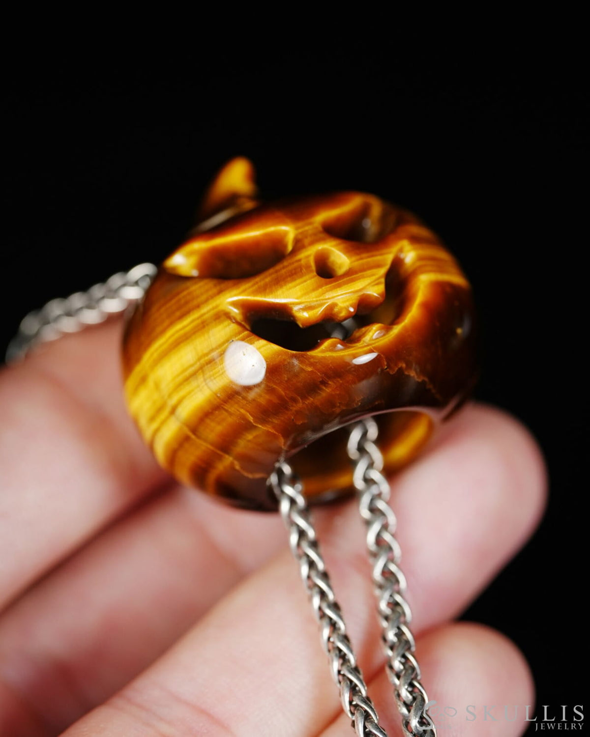 Hollow Essence - Gem Pendant Necklace of Gold Tiger’s Eye Hand Carved Hollow Pumpkin - 9500465 - Skull Pendants