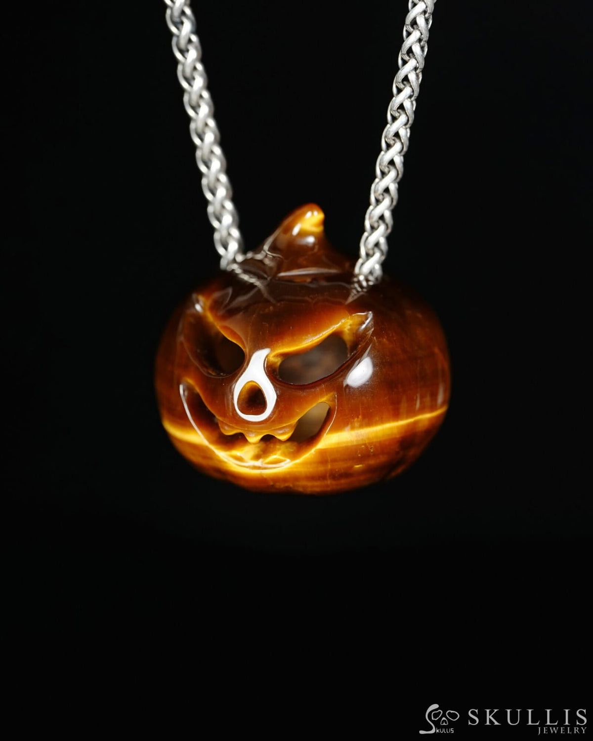 Hollow Essence - Gem Pendant Necklace of Gold Tiger’s Eye Hand Carved Hollow Pumpkin - 9500465 - Skull Pendants