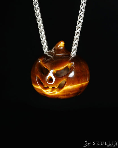 Hollow Essence - Gem Pendant Necklace of Gold Tiger’s Eye Hand Carved Hollow Pumpkin - 9500465 - Skull Pendants