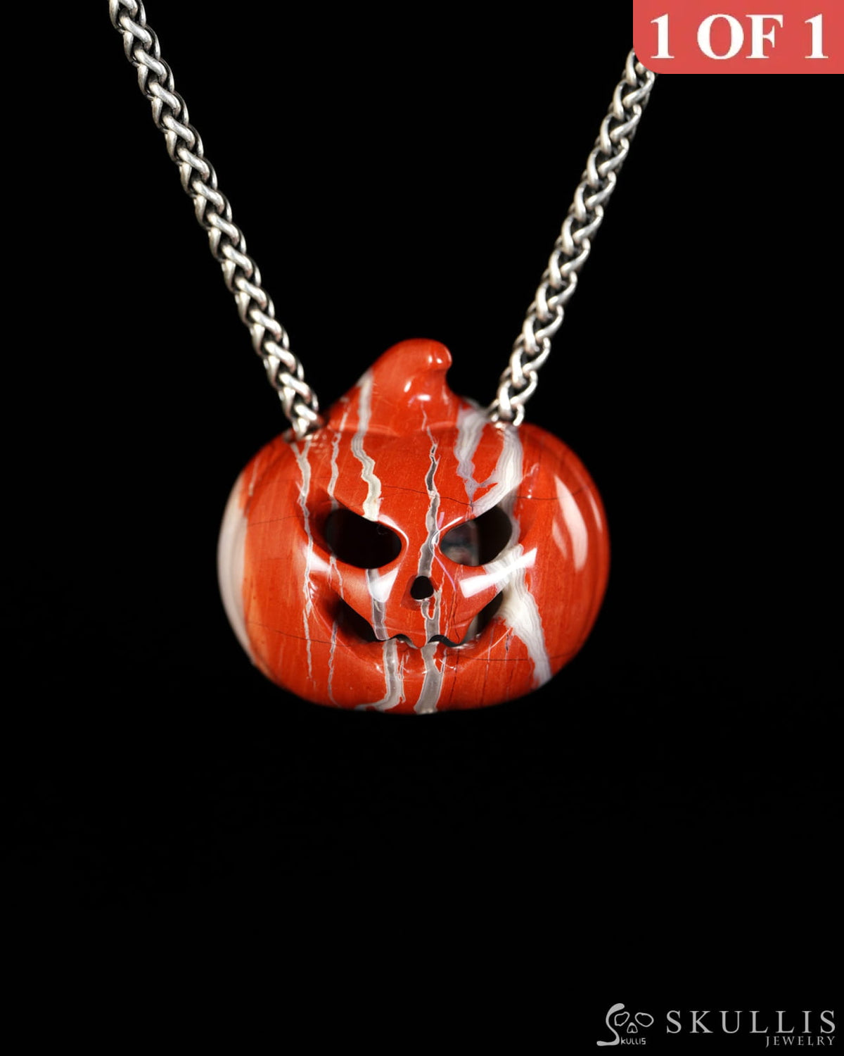Hollow Essence - Gem Pendant Necklace of Red Jasper Hand Carved Hollow Pumpkin - 9900615 - Skull Pendants