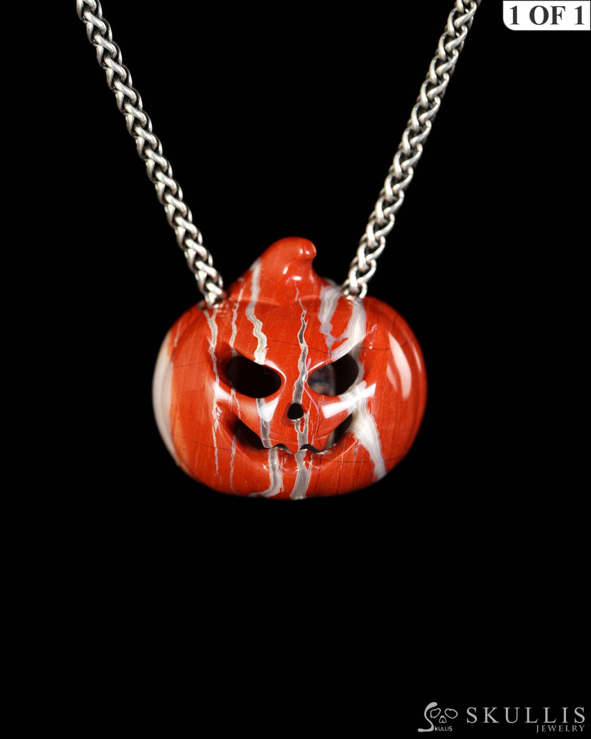 Hollow Essence - Gem Pendant Necklace of Red Jasper Hand Carved Hollow Pumpkin - 9900615 - Skull Pendants