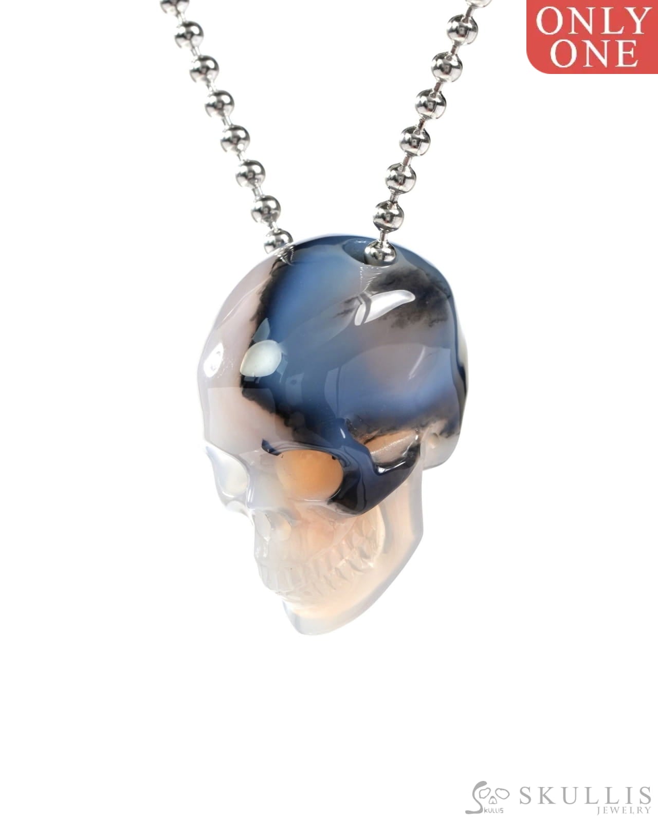 Gem Skull Pendant Necklace of Mozambique Agate Carved Hollow Skull with 925 Silver Chain - 9500203 Skull Pendants