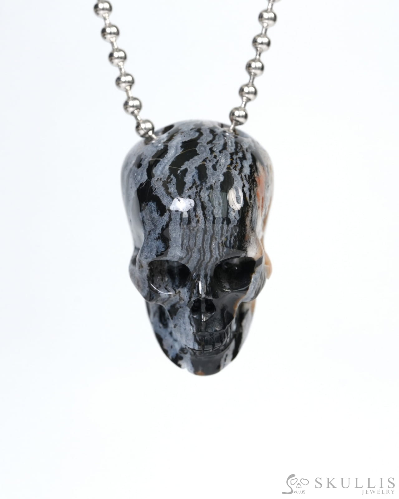 Hollow Essence - Gem Skull Pendant Necklace of Black Zebra Agate Carved Hollow Skull - 9900213 Skull Pendants