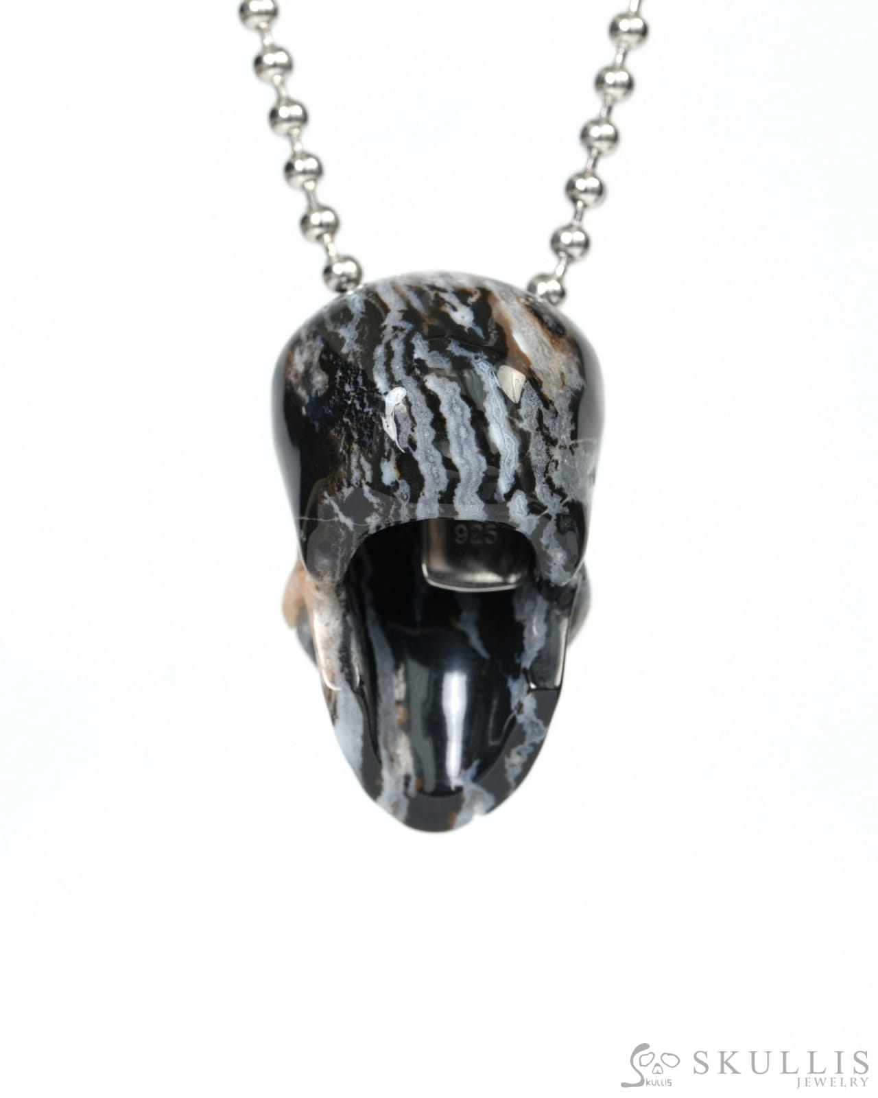 Hollow Essence - Gem Skull Pendant Necklace of Black Zebra Agate Carved Hollow Skull - 9900213 Skull Pendants