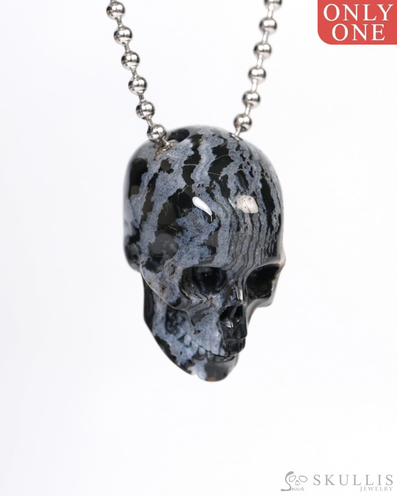 Hollow Essence - Gem Skull Pendant Necklace of Black Zebra Agate Carved Hollow Skull - 9900213 Skull Pendants