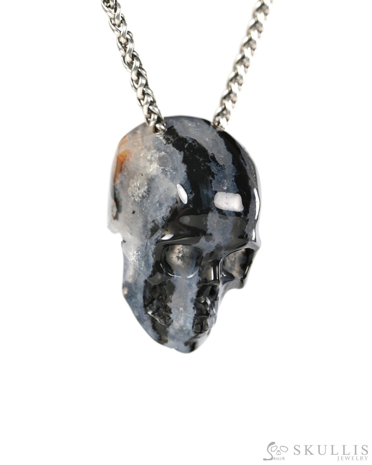 Hollow Essence - Gem Skull Pendant Necklace of Black Zebra Agate Carved Hollow Skull - 9900505 - Skull Pendants
