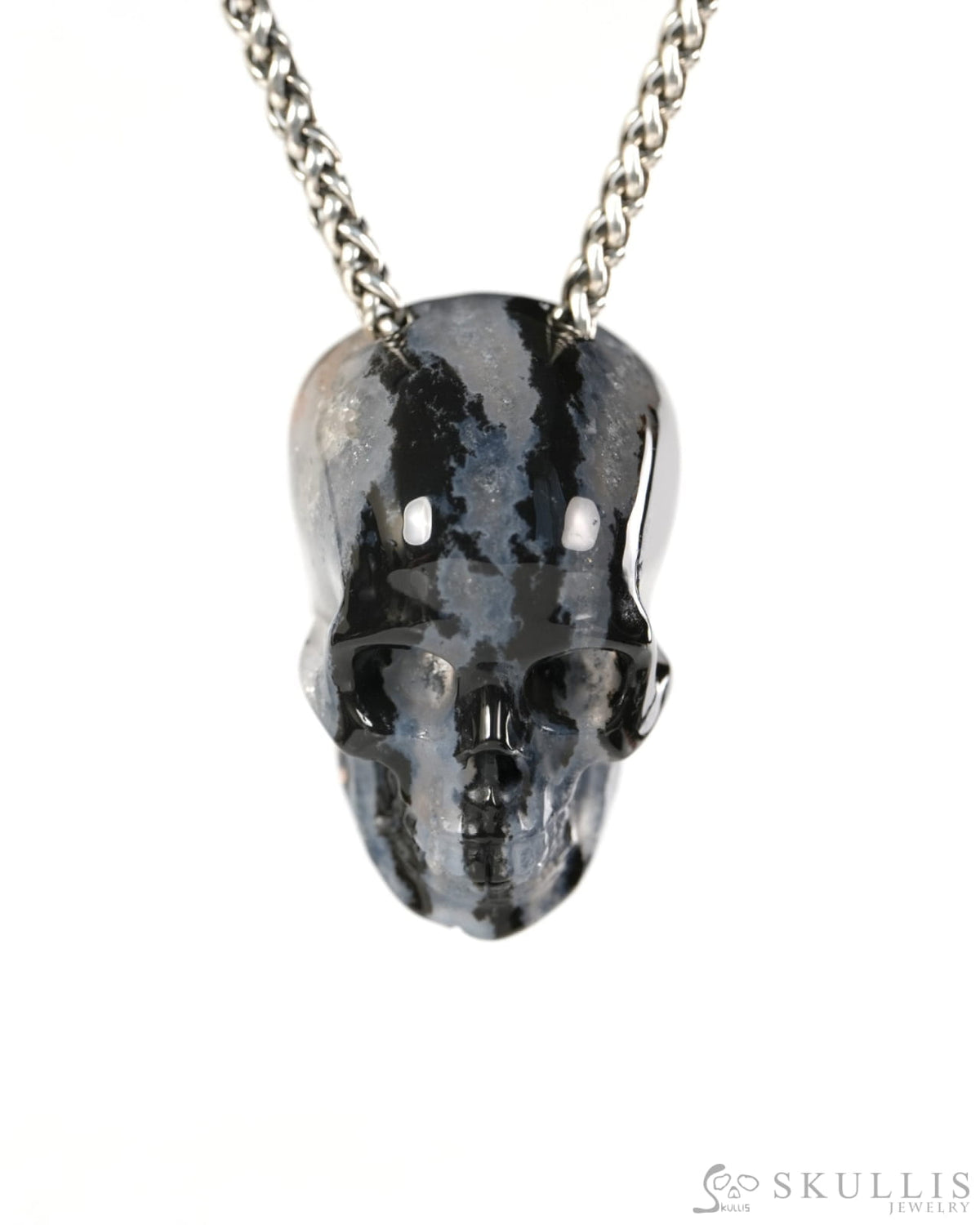 Hollow Essence - Gem Skull Pendant Necklace of Black Zebra Agate Carved Hollow Skull - 9900505 - Skull Pendants