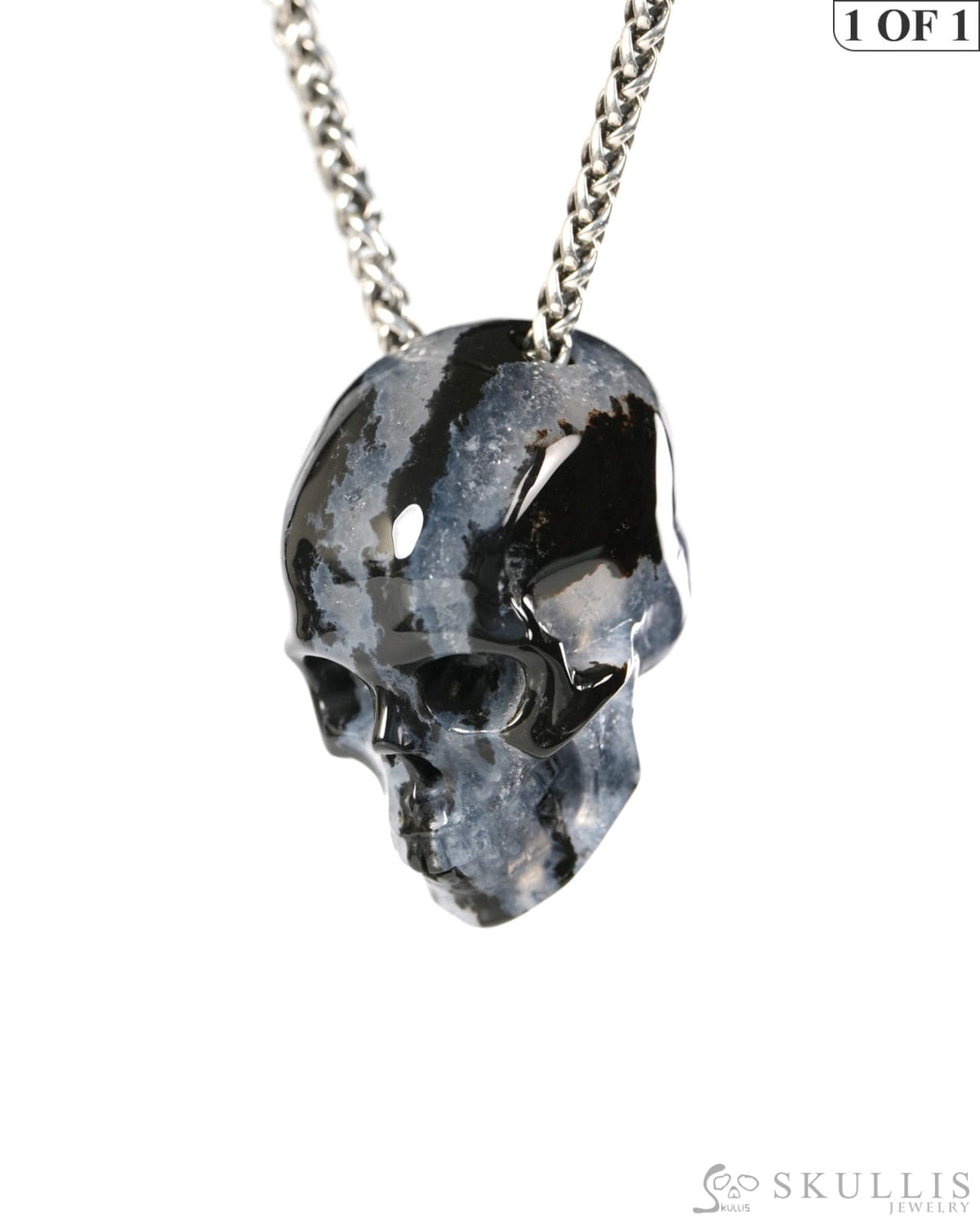 Hollow Essence - Gem Skull Pendant Necklace of Black Zebra Agate Carved Hollow Skull - 9900505 - Skull Pendants