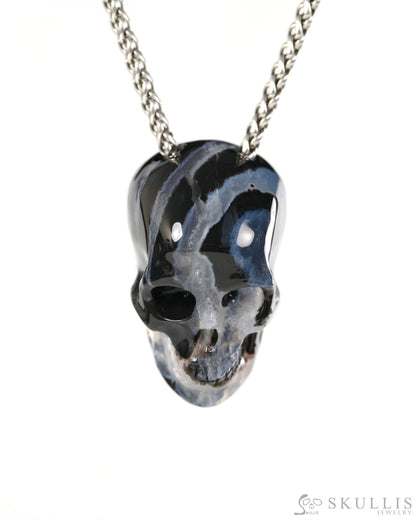Hollow Essence - Gem Skull Pendant Necklace of Black Zebra Agate Carved Hollow Skull - 9900506 - Skull Pendants