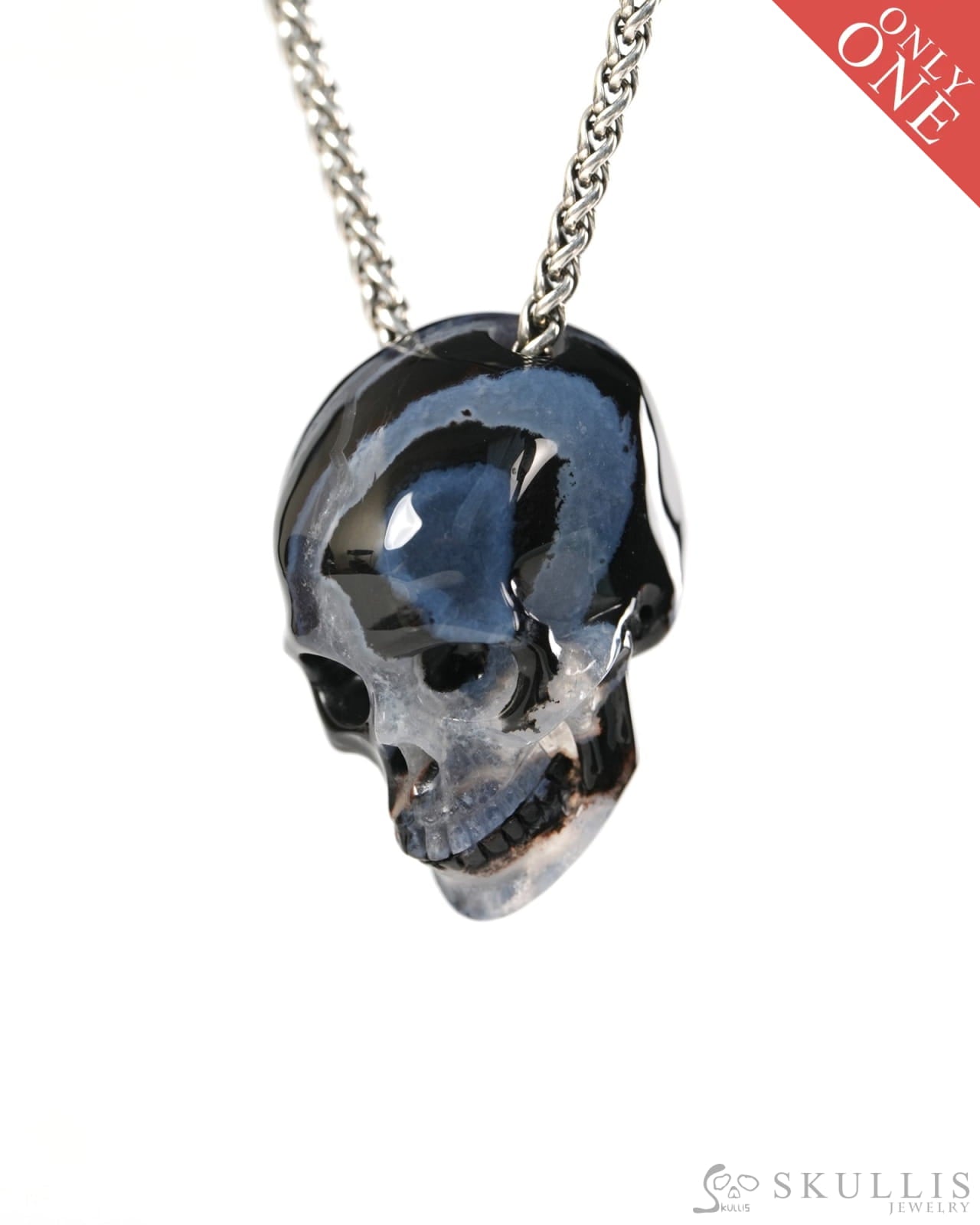 Hollow Essence - Gem Skull Pendant Necklace of Black Zebra Agate Carved Hollow Skull - 9900506 - Skull Pendants