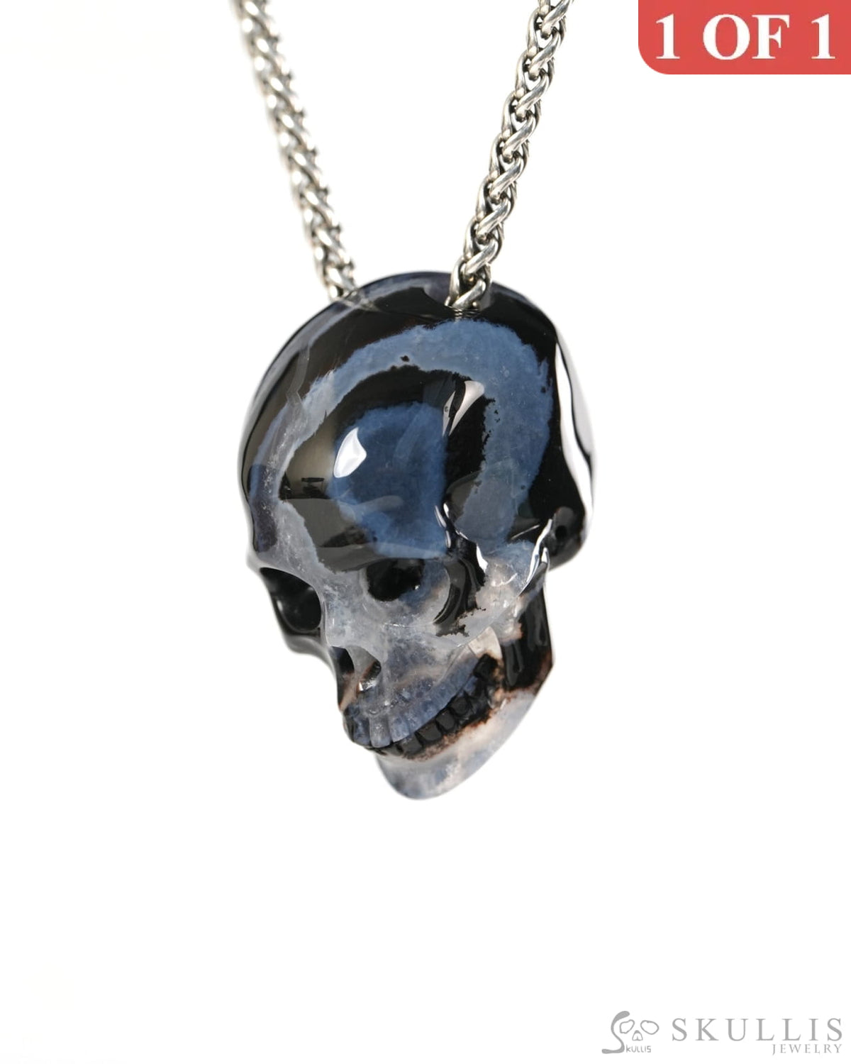 Hollow Essence - Gem Skull Pendant Necklace of Black Zebra Agate Carved Hollow Skull - 9900506 - Skull Pendants