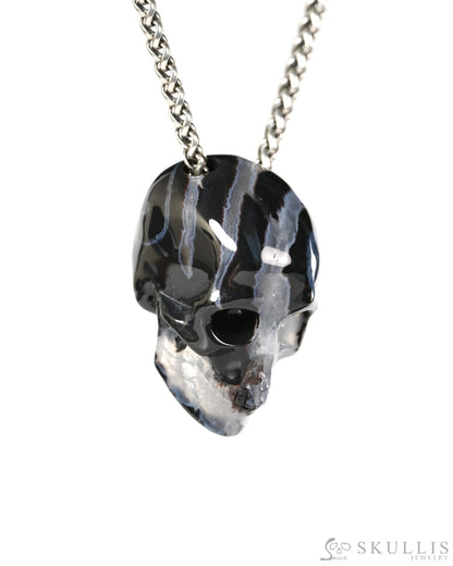 Hollow Essence - Gem Skull Pendant Necklace of Black Zebra Agate Carved Hollow Skull - 9900506 - Skull Pendants