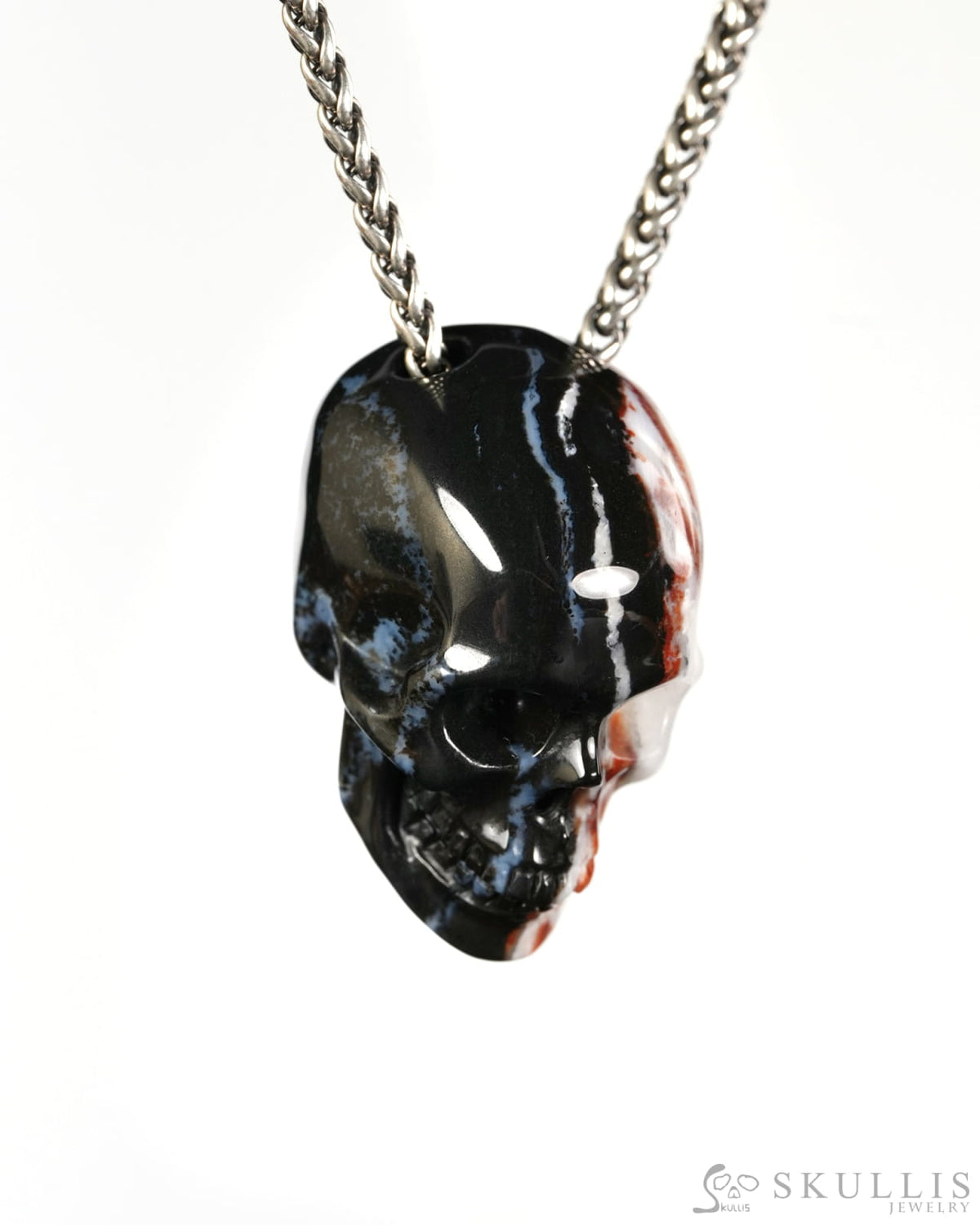 Hollow Essence - Gem Skull Pendant Necklace of Black Zebra Agate Hand Carved Hollow Skull - 9900597 - Skull Pendants