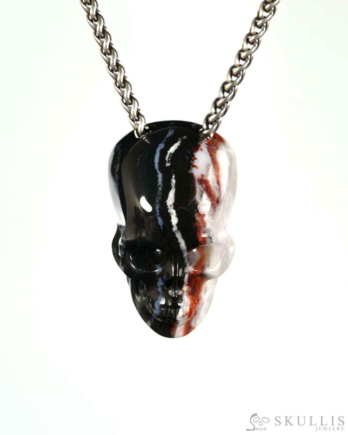 Hollow Essence - Gem Skull Pendant Necklace of Black Zebra Agate Hand Carved Hollow Skull - 9900597 - Skull Pendants