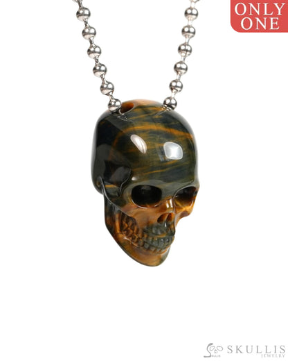 Hollow Essence - Gem Skull Pendant Necklace of Blue & Gold Tiger’s Eye Carved Hollow Skull - 9900304 - Skull Pendants