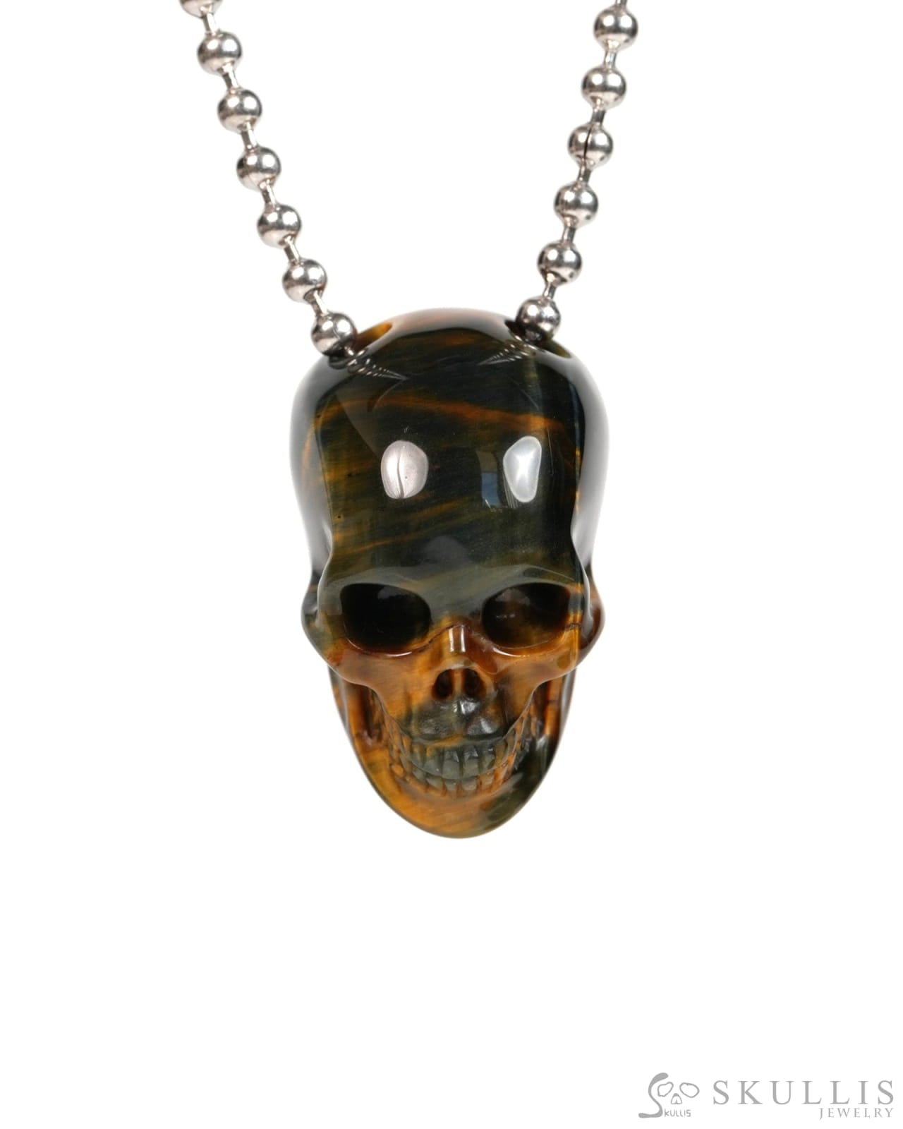 Hollow Essence - Gem Skull Pendant Necklace of Blue & Gold Tiger’s Eye Carved Hollow Skull - 9900304 - Skull Pendants