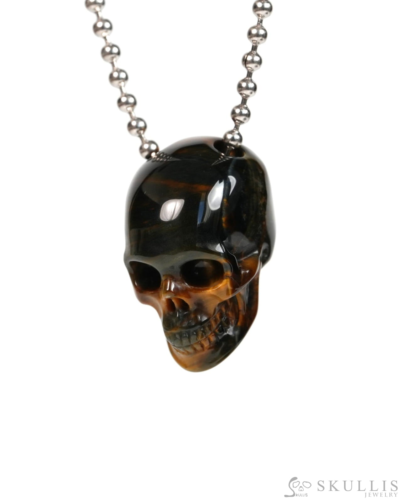 Hollow Essence - Gem Skull Pendant Necklace of Blue & Gold Tiger’s Eye Carved Hollow Skull - 9900304 - Skull Pendants