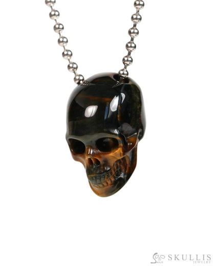 Hollow Essence - Gem Skull Pendant Necklace of Blue & Gold Tiger’s Eye Carved Hollow Skull - 9900304 - Skull Pendants