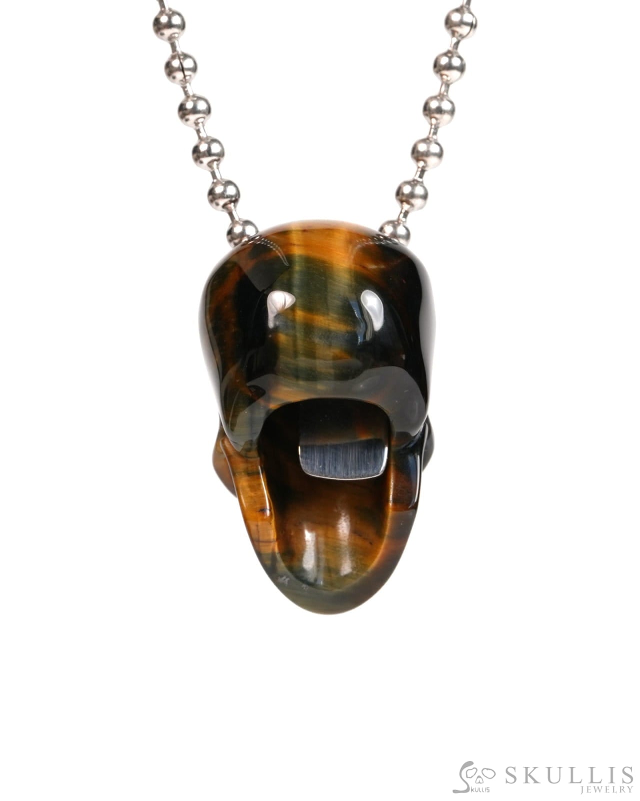 Hollow Essence - Gem Skull Pendant Necklace of Blue & Gold Tiger’s Eye Carved Hollow Skull - 9900304 - Skull Pendants