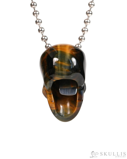 Hollow Essence - Gem Skull Pendant Necklace of Blue & Gold Tiger’s Eye Carved Hollow Skull - 9900304 - Skull Pendants