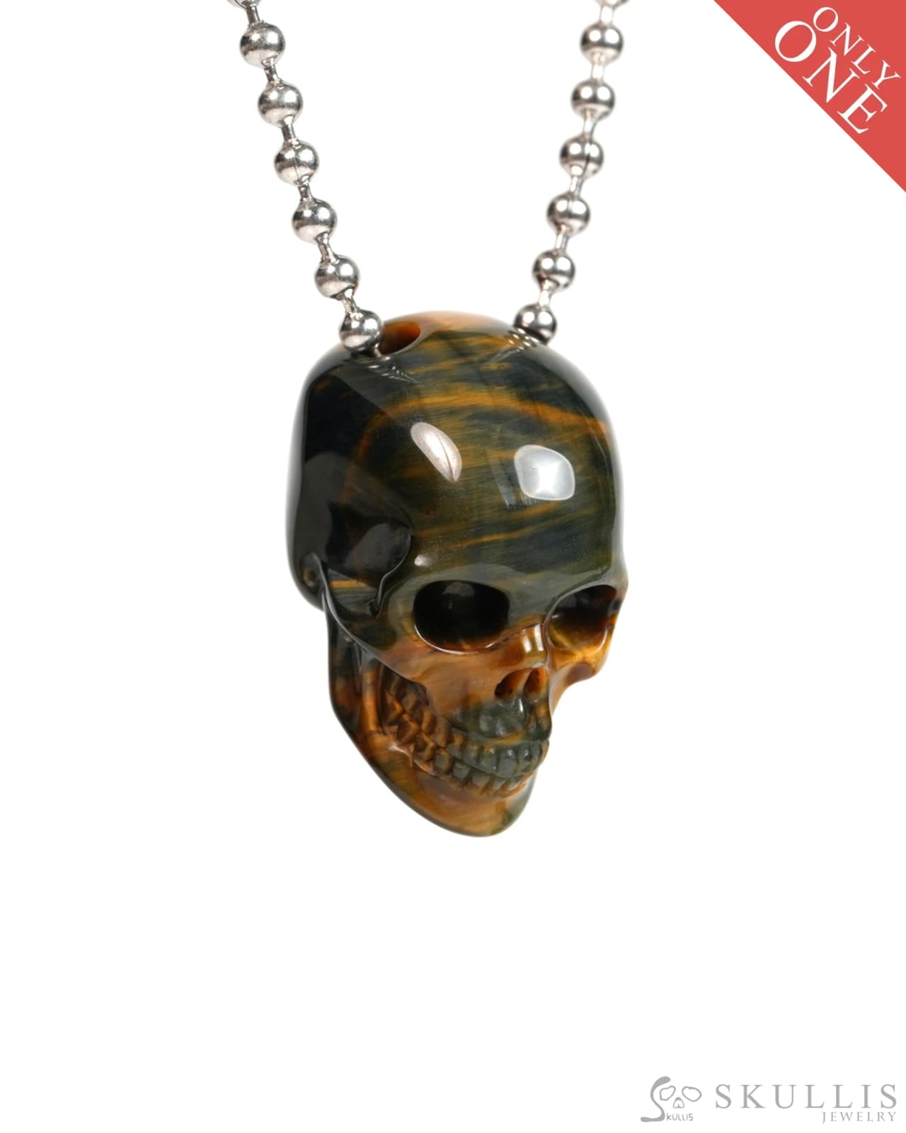 Hollow Essence - Gem Skull Pendant Necklace of Blue & Gold Tiger’s Eye Carved Hollow Skull - 9900304 - Skull Pendants