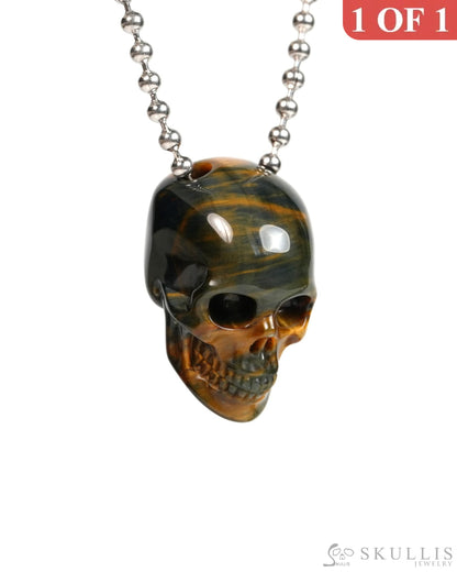 Hollow Essence - Gem Skull Pendant Necklace of Blue & Gold Tiger’s Eye Carved Hollow Skull - 9900304 - Skull Pendants