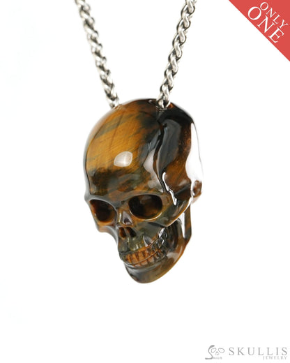 Hollow Essence - Gem Skull Pendant Necklace of Blue & Gold Tiger’s Eye Carved Hollow Skull - 9900427 - Skull Pendants
