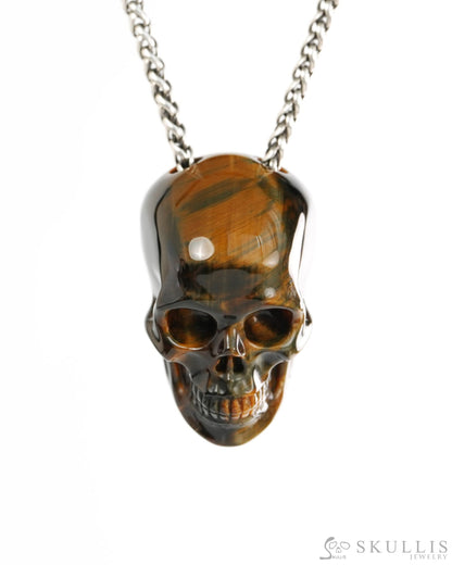 Hollow Essence - Gem Skull Pendant Necklace of Blue & Gold Tiger’s Eye Carved Hollow Skull - 9900427 - Skull Pendants