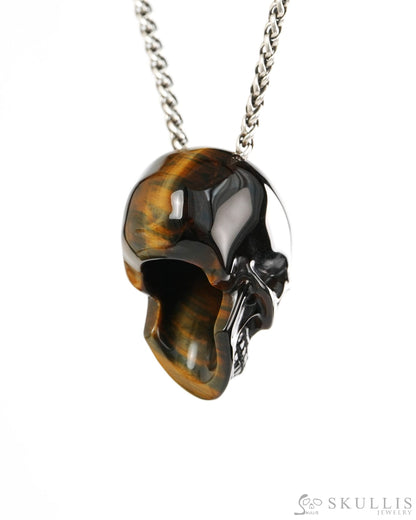Hollow Essence - Gem Skull Pendant Necklace of Blue & Gold Tiger’s Eye Carved Hollow Skull - 9900427 - Skull Pendants