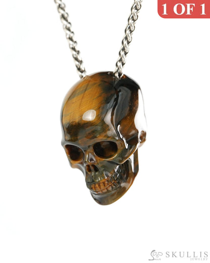 Hollow Essence - Gem Skull Pendant Necklace of Blue & Gold Tiger’s Eye Carved Hollow Skull - 9900427 - Skull Pendants