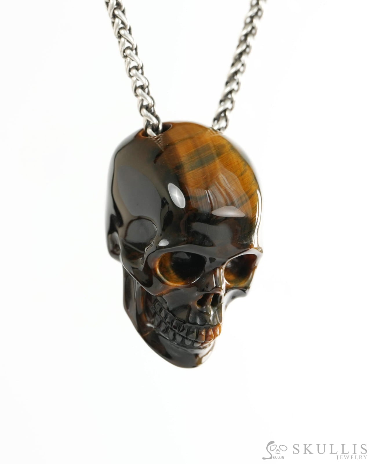 Hollow Essence - Gem Skull Pendant Necklace of Blue & Gold Tiger’s Eye Carved Hollow Skull - 9900427 - Skull Pendants