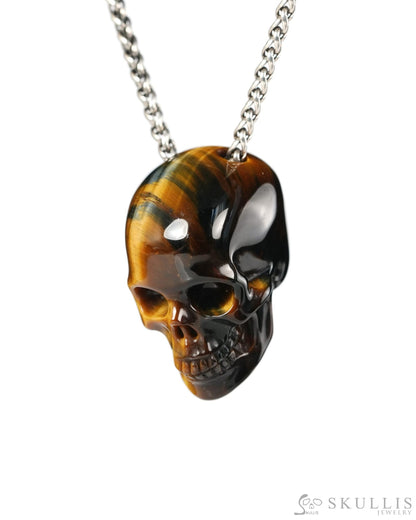 Hollow Essence - Gem Skull Pendant Necklace of Blue & Gold Tiger’s Eye Hand Carved Hollow Skull - 9900542 - Skull