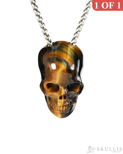 Hollow Essence - Gem Skull Pendant Necklace of Blue & Gold Tiger’s Eye Hand Carved Hollow Skull - 9900542 - Skull